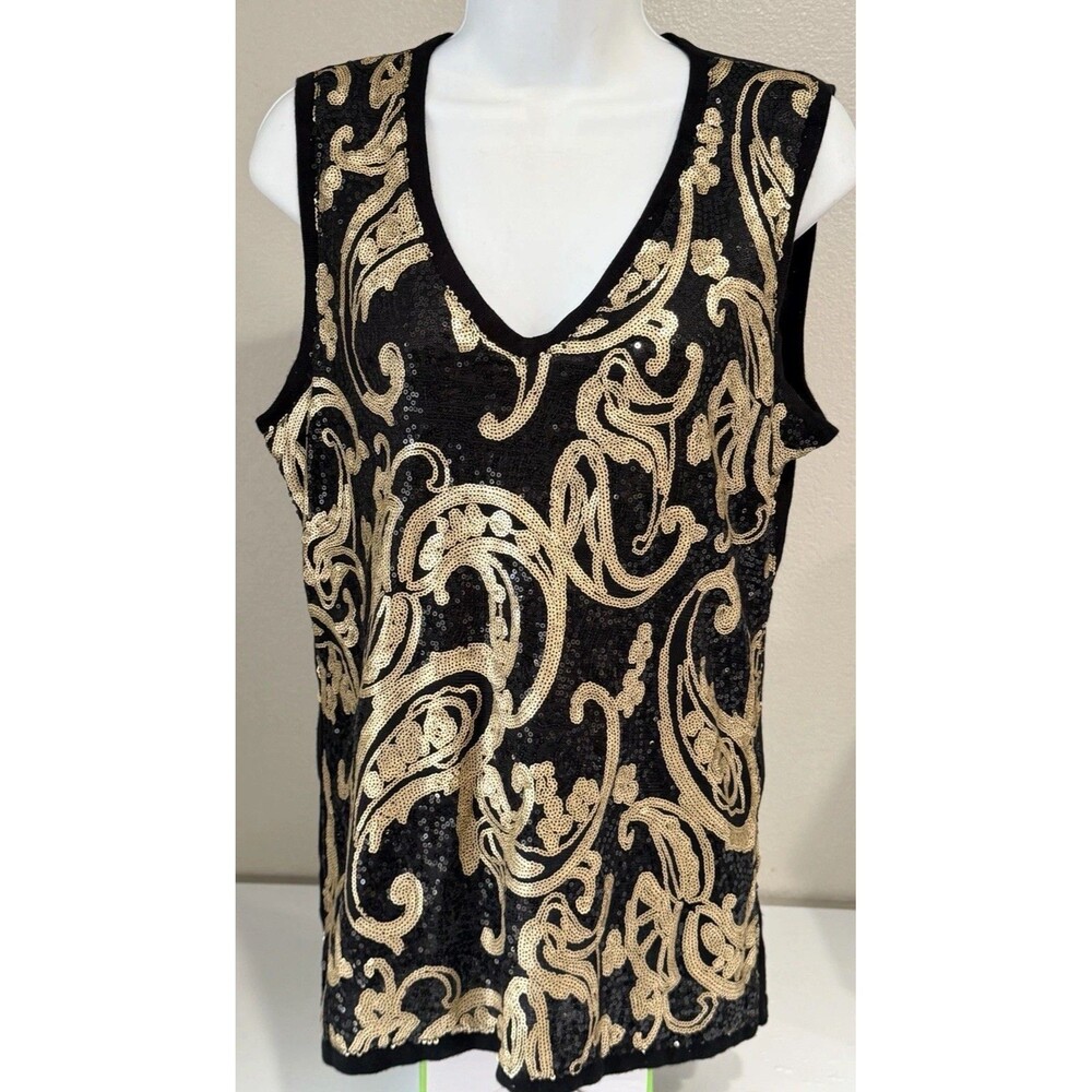 89th & Madison Women’s L Black Gold Sequin Paisley Sleeveless Top